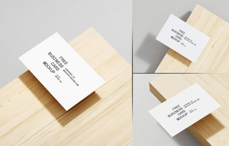 Free Minimal Business Card Mockup PSD Set with Wooden Board