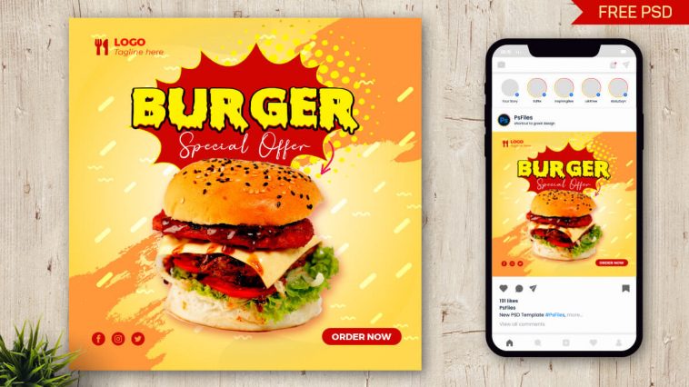 PsFIles Free Special Burger Food Offer Instagram Post Design PSD Template