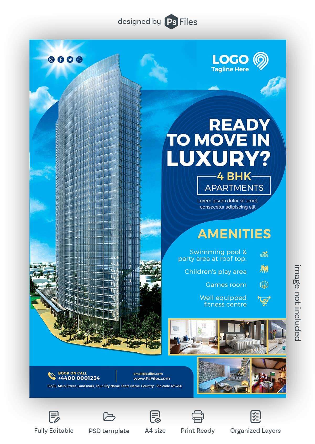 PsFiles Real Estate Marketing Skyscraper Building Living Apartment Flyer PSD Template Free Download
