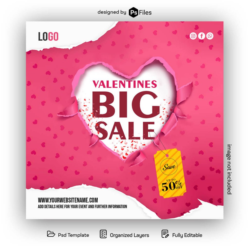 Heart Shape Paper Cutting Valentines Day Big Sale Instagram Promotion Post Design Free PSD