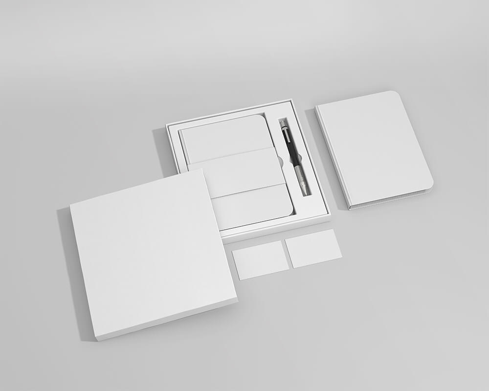 Perspective View of Notebooks, Box and Business Cards Mockup