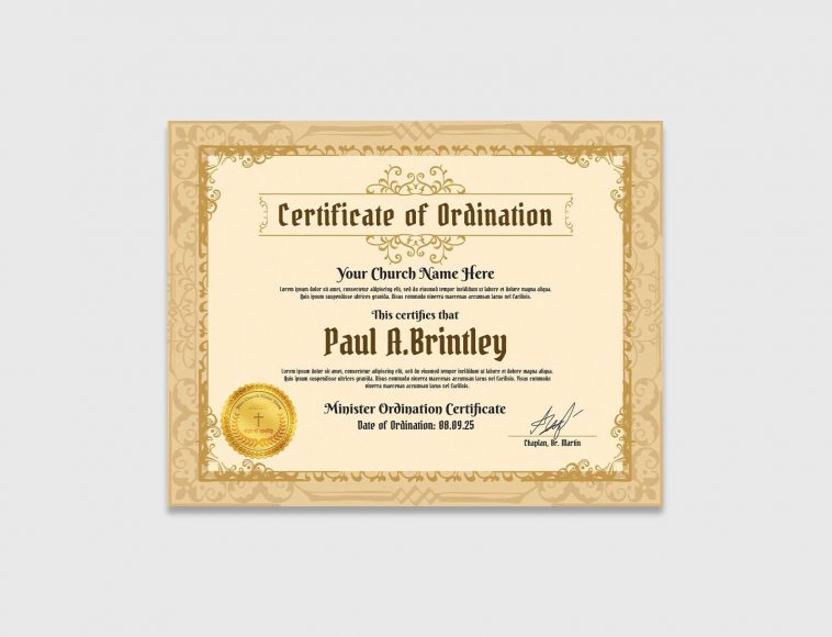 Free Ordination Certificate Template in PSD