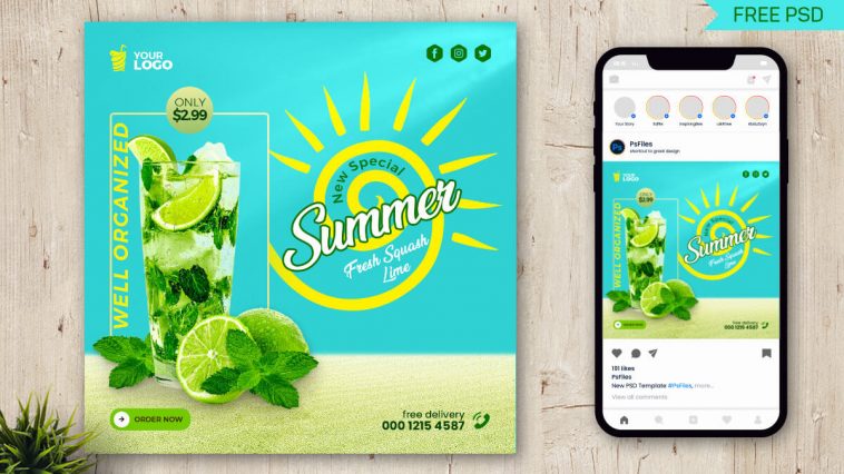 New Special Summer Drink Lime Mojito Insta Post Design Free PSD Template