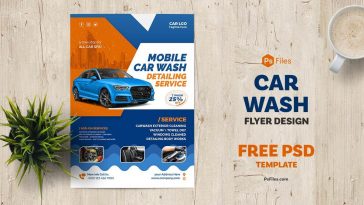 Promotional flyer design for car wash and detailing services featuring an attractive design with a blue car on a shiny background. Download the free Car Wash Services Promotional Flyer PSD template now