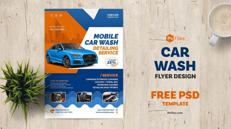 Promotional flyer design for car wash and detailing services featuring an attractive design with a blue car on a shiny background. Download the free Car Wash Services Promotional Flyer PSD template now