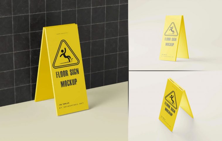 5 Free Wet Floor / Caution Sign Mockup PSD File