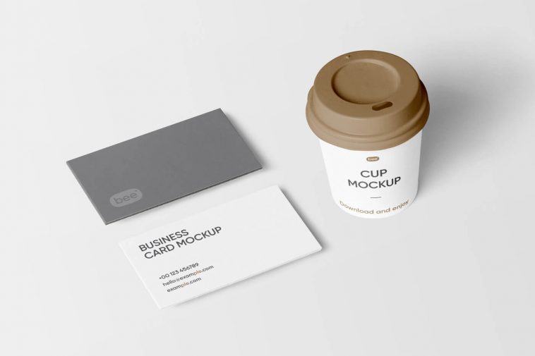 Top Side View of Business Cards Mockup and Coffee Cup