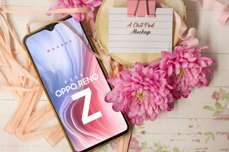 Mockup of an Oppo Reno Z Smartphone with Flowers