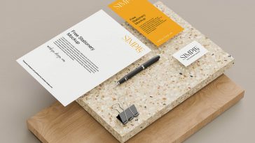 Stationery With Wood And Stone Tiles Mockup