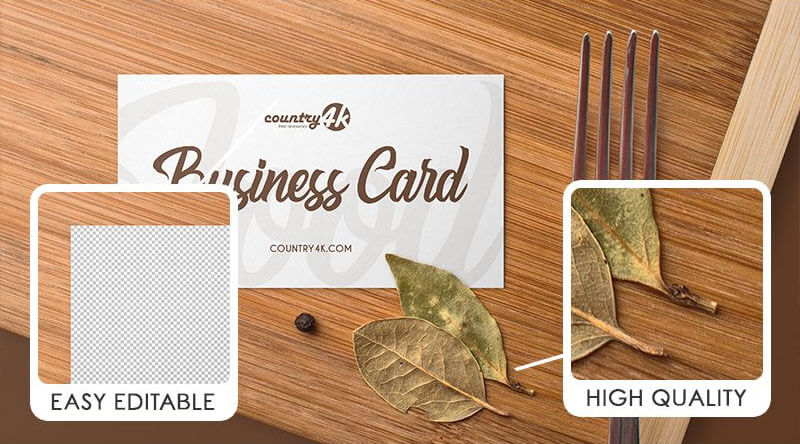 Overhead View of Business Card on Wooden Table Mockup 