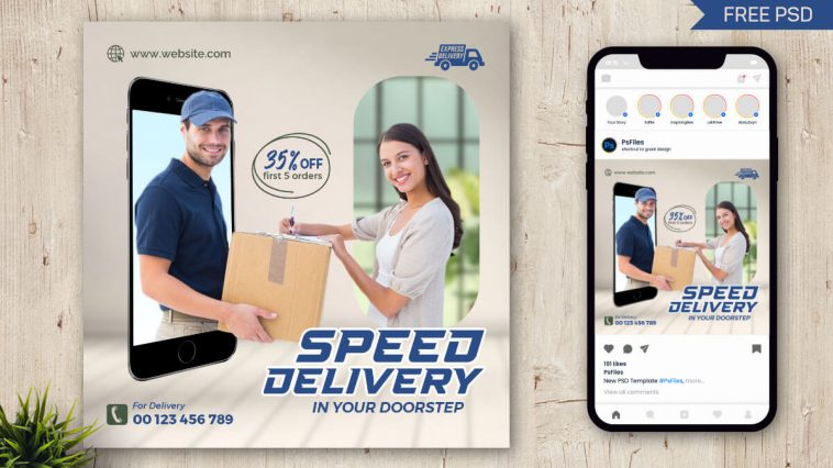 Courier and Speed Delivery Ad Post Design Free PSD Template for Social Media and Online Promos