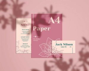 Three Top View Wedding Invitation Set with Shadow Overlay Mockups