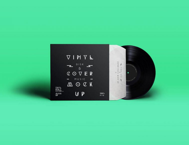 Mockup Displaying Black Vinyl Record Cover with White Signs
