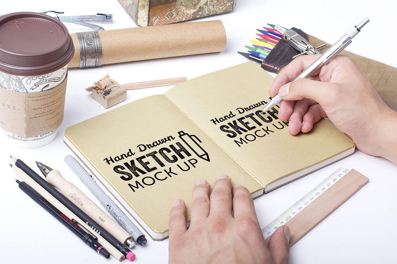 Realistic Hand Drawn Sketch Mockup in Stationary Spot