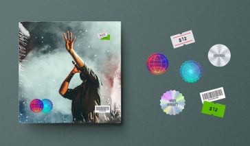 Free Vinyl Record Design with Sticker Badges Mockup PSD