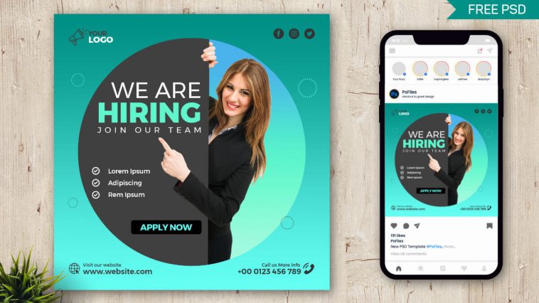 PsFiles Free We are Hiring Job Offer Social Media Post PSD Template Design