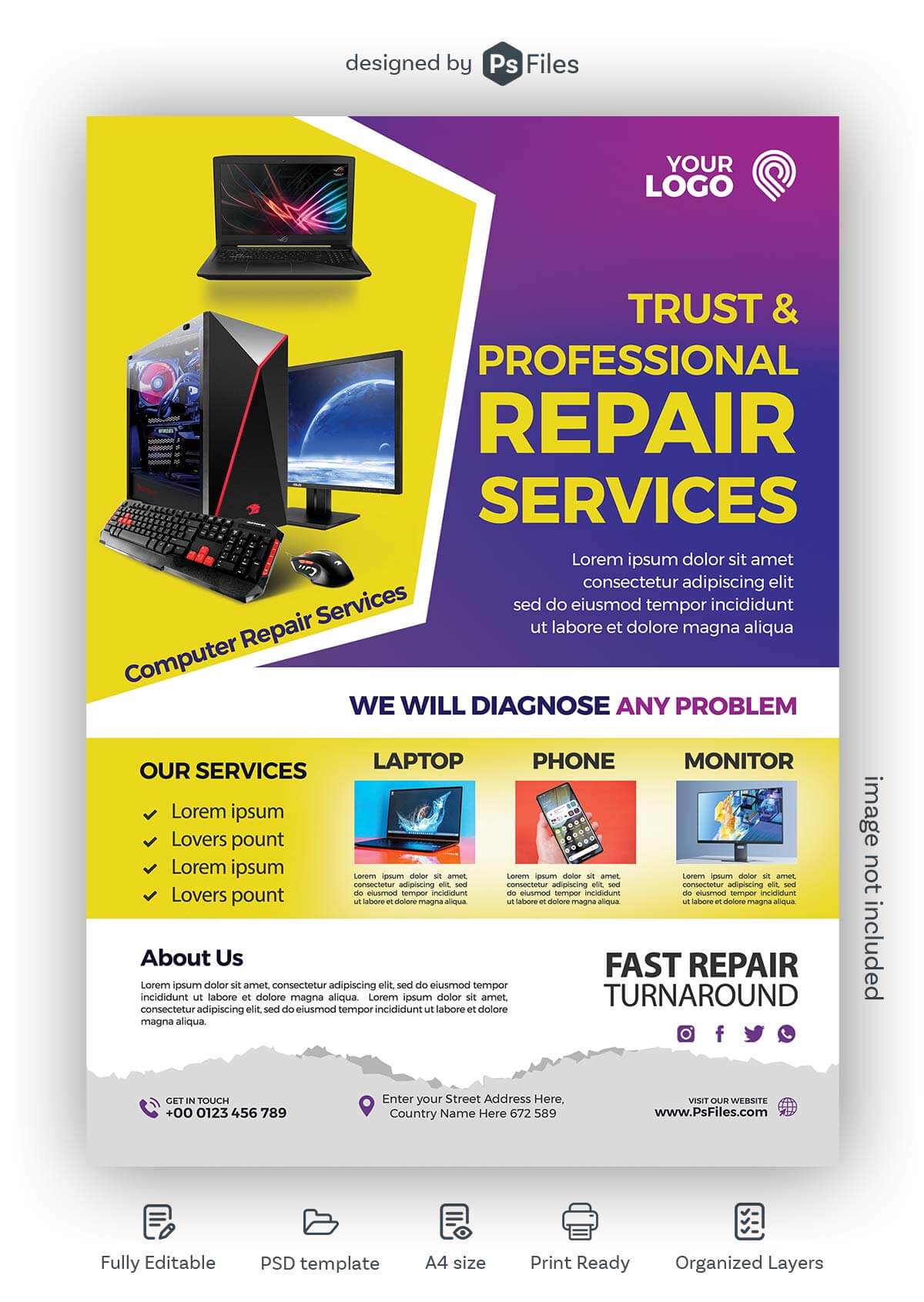 PsFiles Laptop Sales and Service, Repair Fix Free Flyer Design PSD Template