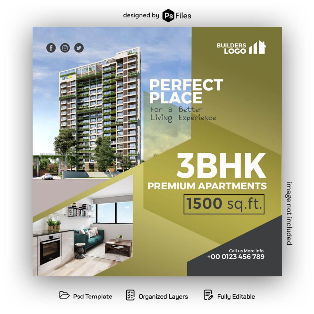 Real Estate Apartment Flat for Sale, Rent Free Instagram Post Design PSD