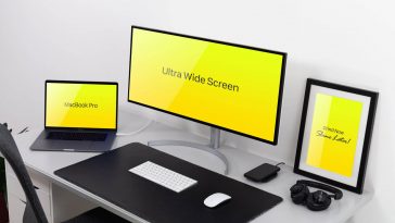 Mockup Featuring Ultra Wide Screen Monitor, MacBook Pro and Frame