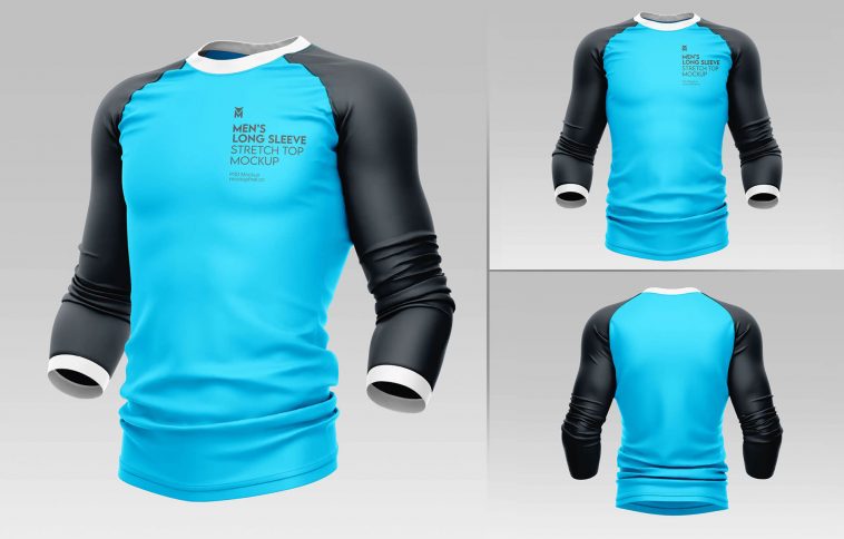 3 Men’s Stretch Long Sleeve Top Mockups in Various Views