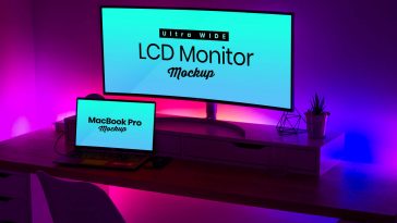 Curved Ultra Wide Screen LCD Monitor and MacBook Pro Mockup