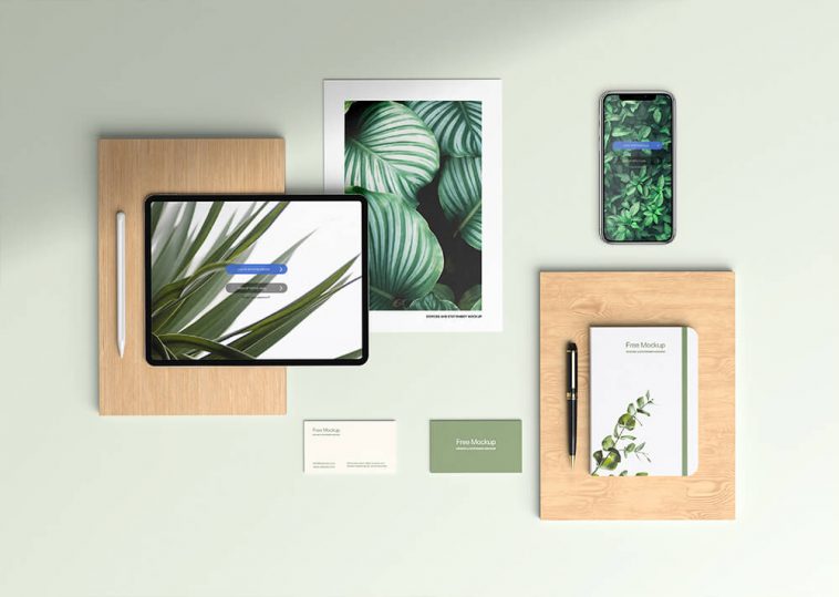 Free Apple Devices With Stationery Mockup PSD