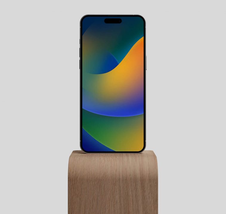 Free Wooden Stand iPhone 14 Pro Max Mockup PSD