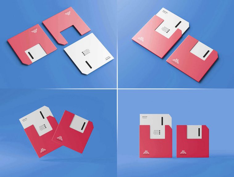 5 Free Floppy Disk Shape Square Business Card Mockup PSD Files