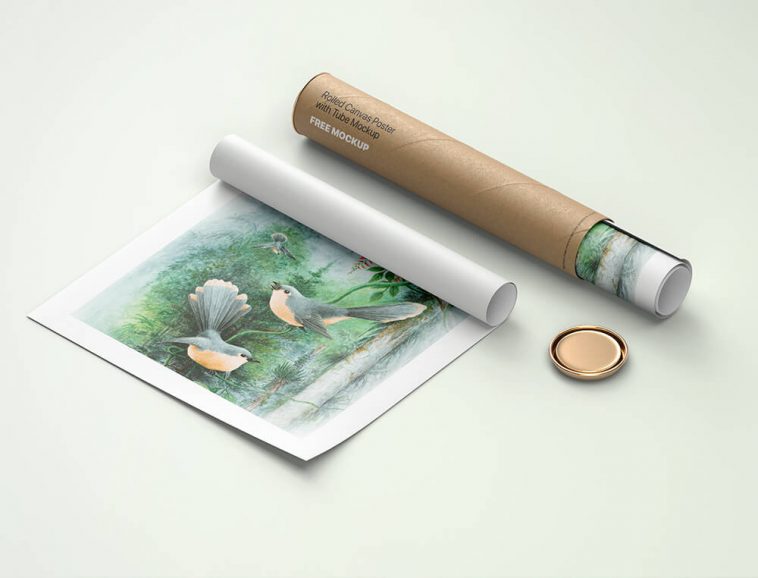 Free Rolled Canvas Poster with Paper Tube Mockup