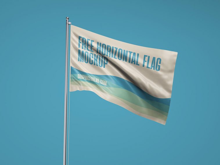 Free Horizontal Waving Flag On Pole Mockup PSD