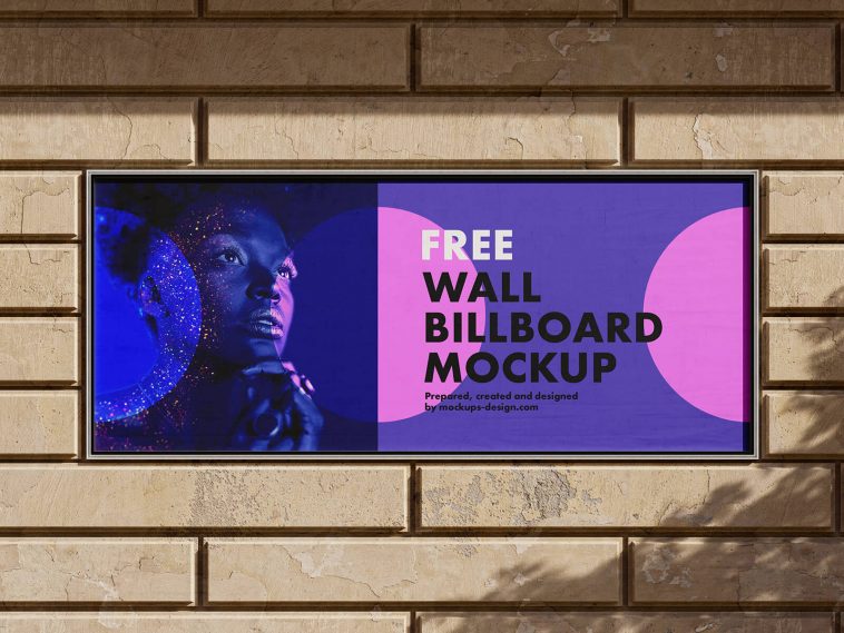 Free Brick Wall Mounted Billboard Mockup PSD