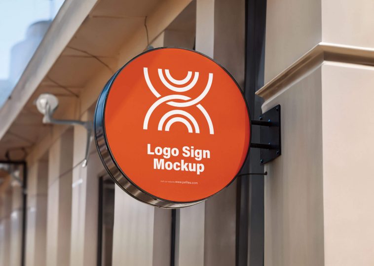 Free Round Sign Mockup on Building Wall mounted