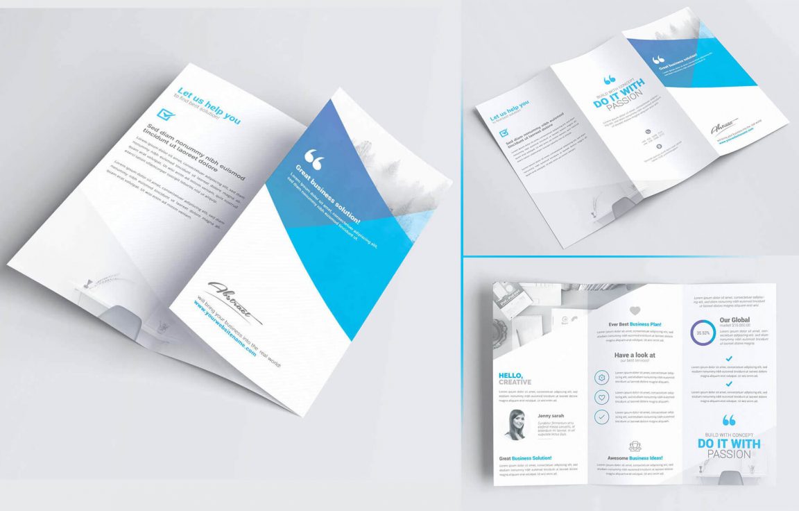 3 Free A4 Tri-Fold Brochure Mockups PSD all side angle view - PsFiles