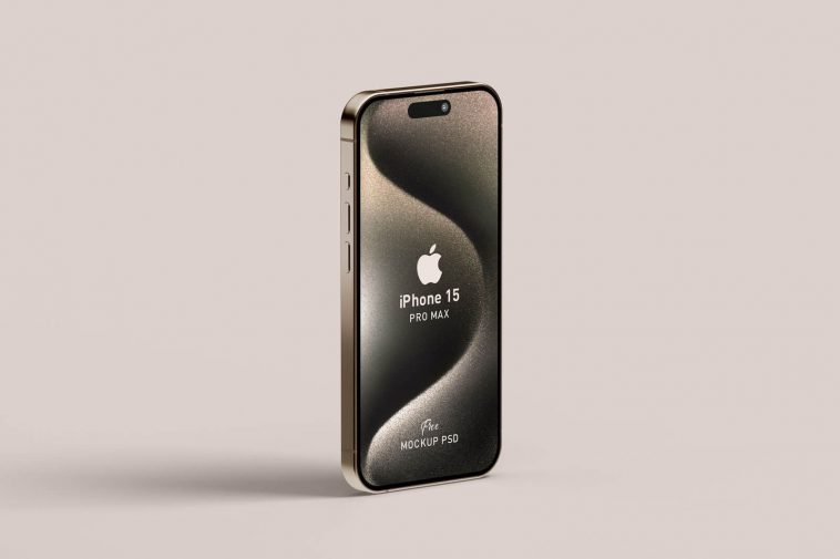 Free Standing Apple iPhone 15 Pro Max Mockup PSD