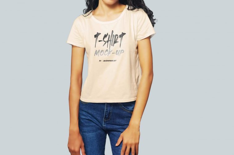 Front View of Girl Wearing T Shirt Mockup