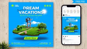 Dream Vacations Free Travel Social Media Post Design PSD Template