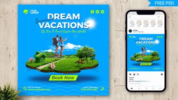 Dream Vacations Free Travel Social Media Post Design PSD Template