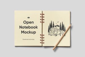 Free Open Notebook with Pencil Mockup