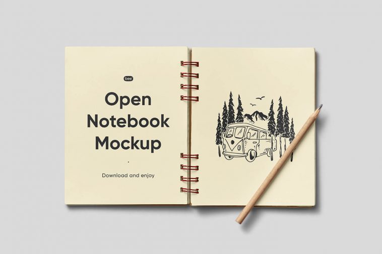 Free Open Notebook with Pencil Mockup