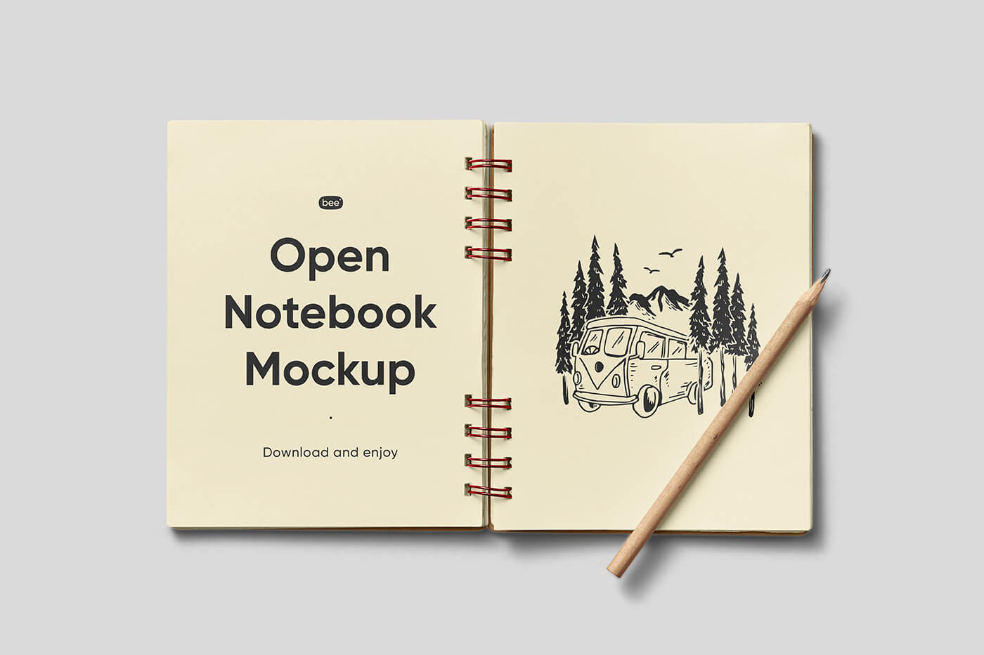 Free Open Notebook with Pencil Mockup