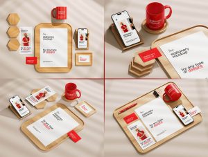 Stationery With Wood Elements Mockup