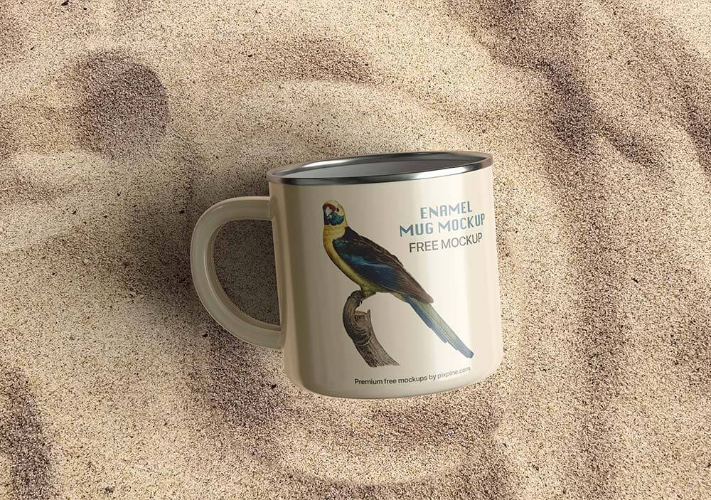 Free Enamel Mug on Sand Mockup