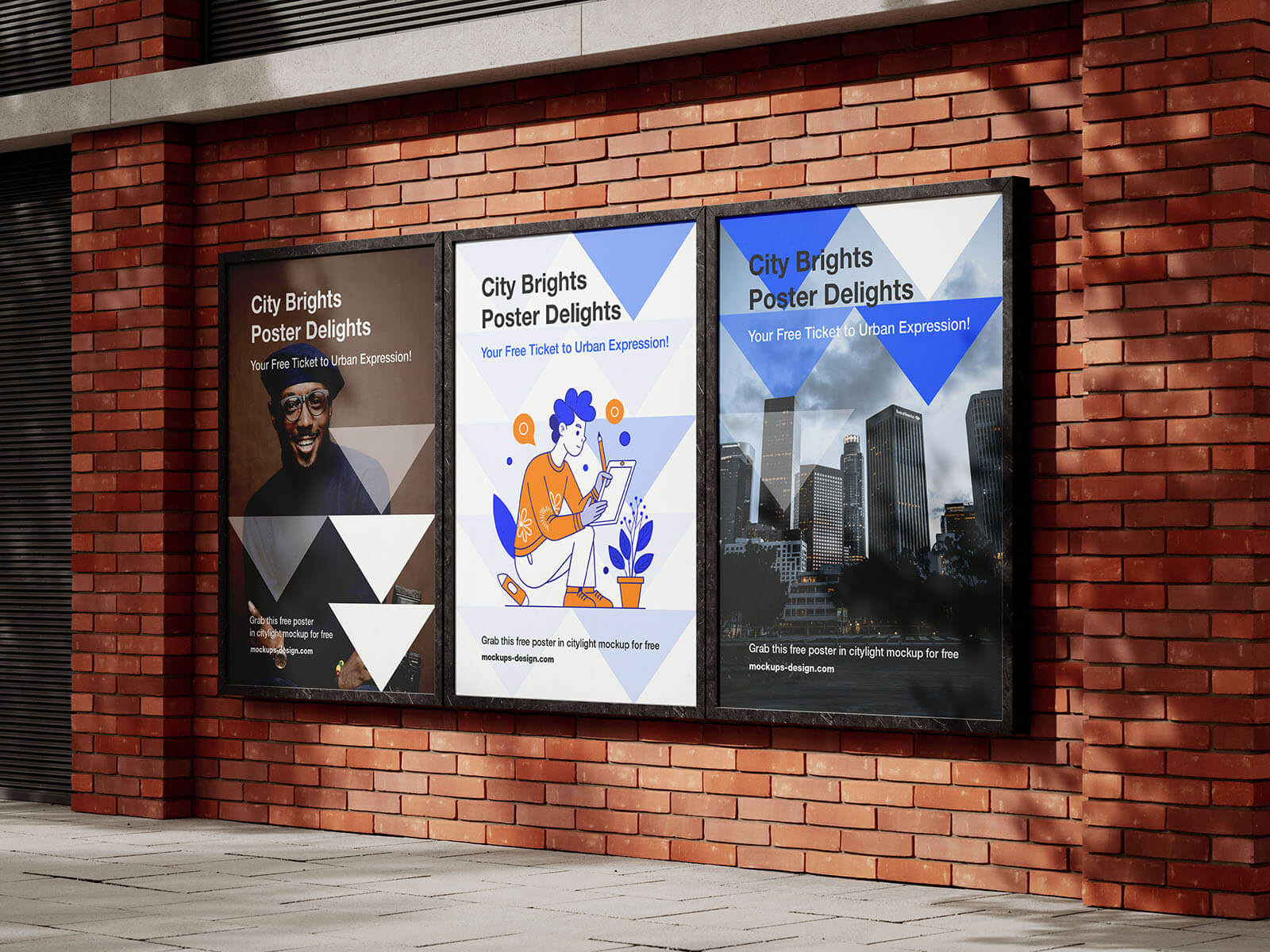 4 Free Outdoor Street Brick Wall Poster Mockup PSD Files