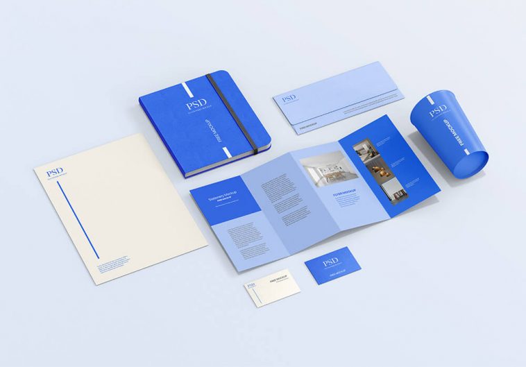 Free Four Fold Flyer With Business Stationery Mockup PSD