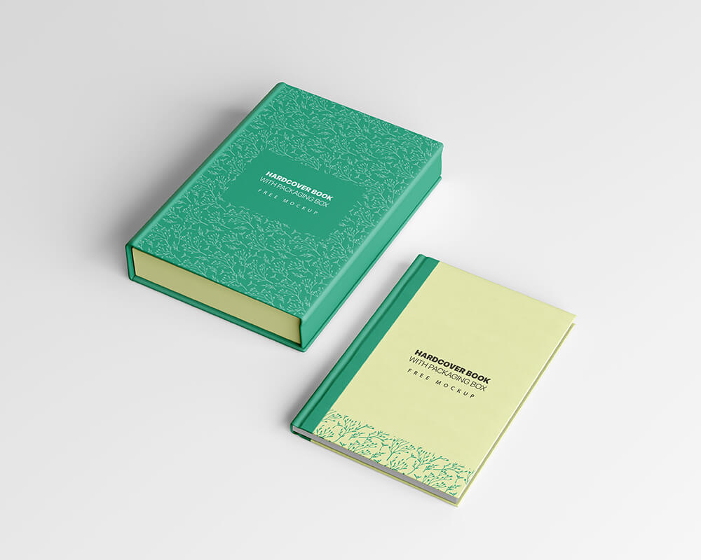 Free Hardcover Book with Packaging Box Mockup
