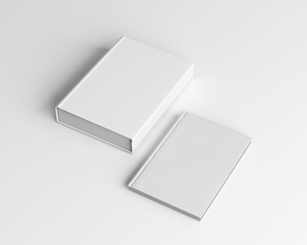 Free Hardcover Book with Packaging Box Mockup