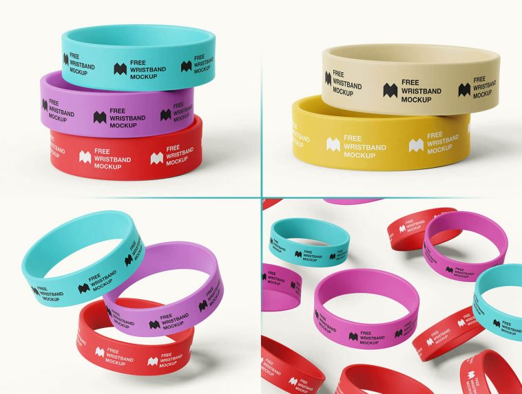 6 Free Wide Silicone Wristbands / Rubber Bracelet Mockup PSD Files