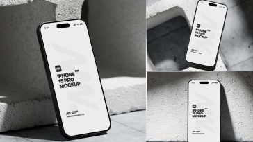 Free iPhone 15 Pro On Concrete Brick Mockup PSD Set