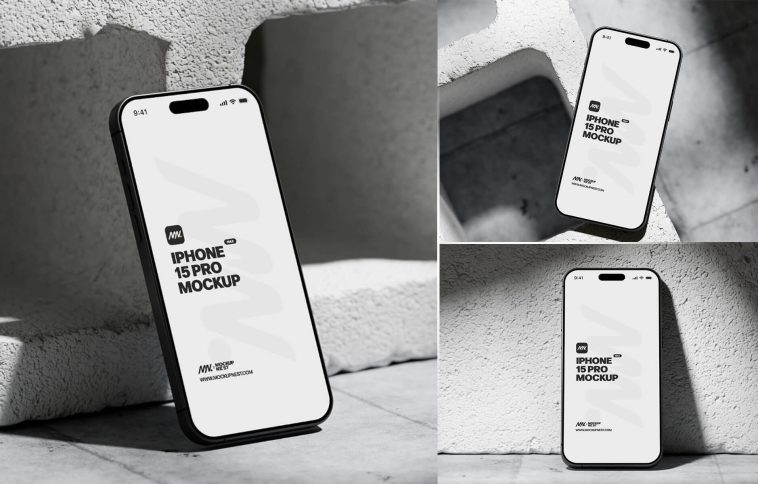 Free iPhone 15 Pro On Concrete Brick Mockup PSD Set