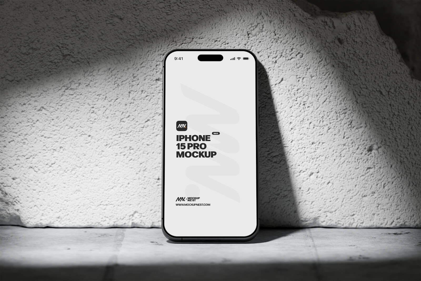 Free iPhone 15 Pro On Concrete Brick Mockup PSD Set - PsFiles